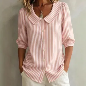 Women's pink striped mid-sleeve blouse with Peter Pan collar for spring and summer