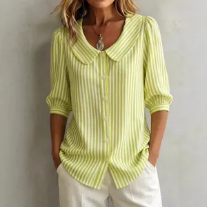 Women's stylish lime green striped shirt with Peter Pan collar and puff half sleeves