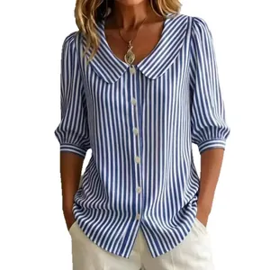 Stylish women's blue and white striped blouse featuring a Peter Pan collar and elegant puffed sleeves