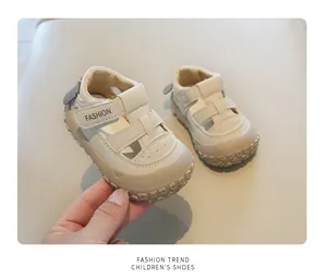 Closed-toe breathable beige toddler sandals with anti-slip rubber soles