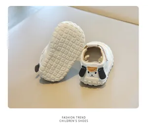 White toddler sandals featuring a cute dog design on the heel and anti-slip rubber soles.