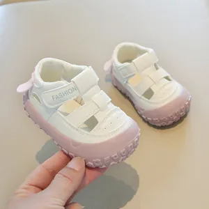 Soft and breathable toddler closed-toe sandals in white and pink for summer beach wear