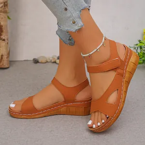 Stylish brown platform wedge sandals featuring velcro straps and decorative white stitching