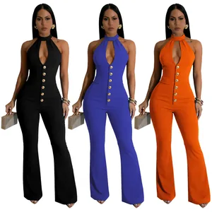 Vrouwen Sexy Halter Rugloos Flared Jumpsuit Mouwloos Diepe V-hals Cut Out Gouden Knoop Bodycon Party Clubwear Romper