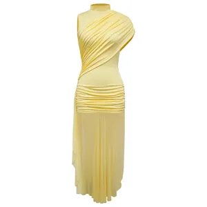 Elegant yellow pleated mesh slim fit dress with high-neck design and ruched texture details