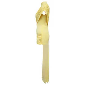 Sexy pale yellow bodycon mini dress with ruched detail and long sheer mesh train