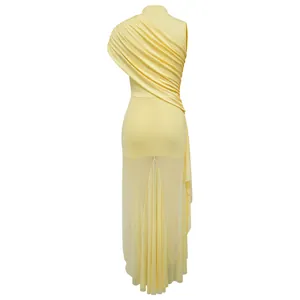 Detailed back view of a yellow pleated mesh patchwork sexy slim-fit evening dress.