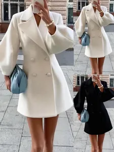 Vintage style lantern sleeve wool coat with double-breasted buttons in white and black