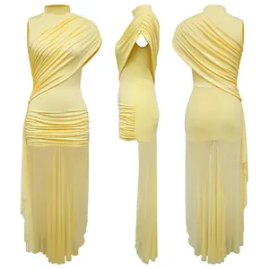 Detail view of a sexy yellow sleeveless high neck dress with mesh patchwork and ruched detailing.