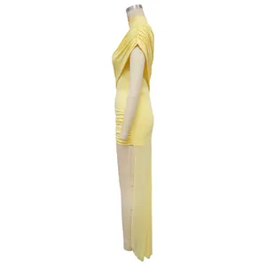 Detailed side view of a sexy yellow ruched mesh patchwork bodycon dress display.
