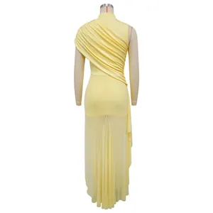 Detailed back view of the sheer yellow fabric and pleated texture on a mannequin