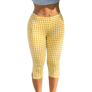 Slim fit yellow gingham Y2K capri pants with side slits for fitness and casual streetwear