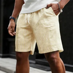 Men's vertical striped drawstring casual shorts in beige and white texture
