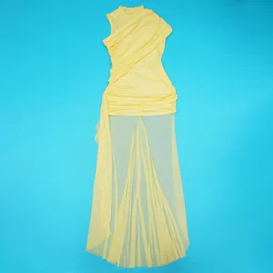 Elegant yellow sleeveless dress with ruched bodice and sheer mesh skirt detail