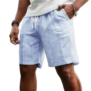 Stylish men's blue and white vertical striped drawstring casual shorts for summer wear