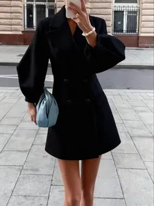 Vintage style black wool coat with lantern sleeves and large lapel detail view