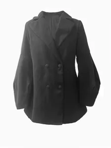 Vintage style black short woolen coat with lantern sleeves and double breasted buttons.
