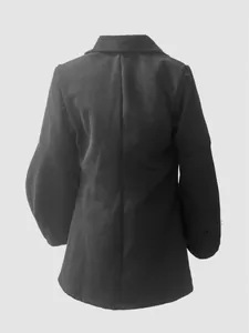 Detailed back view of a black retro court style short wool coat with elegant lantern sleeves.