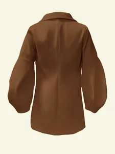 Back view of retro brown wool coat featuring elegant lantern sleeves and large lapels.