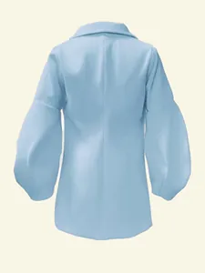 Back view of light blue wool coat featuring vintage lantern sleeves and wide collar