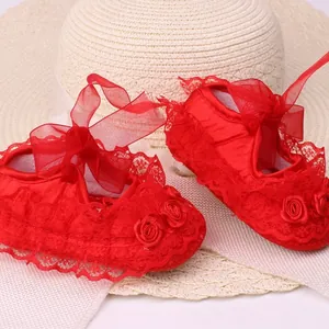 Red lace baby girl walking shoes with non-slip soft soles and ribbon bows