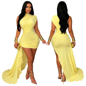 Elegant pale yellow ruched mini dress with side trailing hem showing front and back detail