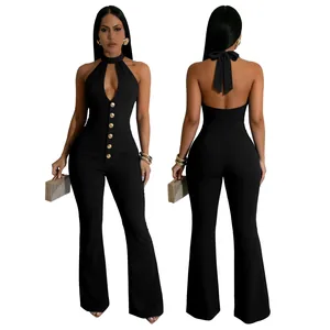 Voor- en achteraanzicht van een sexy zwarte jumpsuit met halternek en knopen