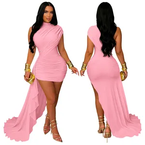 Sexy pink sleeveless ruched bodycon mini dress with high neck and long side train.
