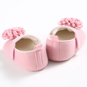 Vista trasera detallada de zapatos rosa suave para bebé con flores decorativas