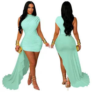 Sexy mint green ruched mini dress with side train, showing front and back view details now.