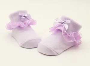 Nahaufnahme von lila Babysocken mit zarten Spitzenrüschen und süßen Schleifen-Details