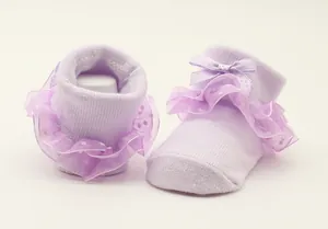 Detaillierte Nahaufnahme der zarten gepunkteten Rüschen an lila Babysocken für Babys