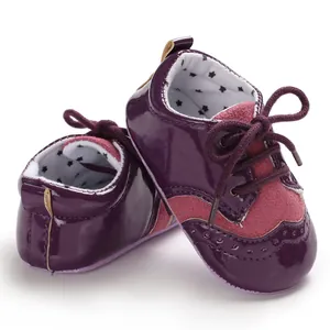 Deep purple and pink patent leather baby walker shoes with star pattern lining