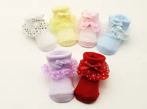 Ein Set bunter Babysocken mit zarten Spitzenrüschen und dekorativen Schleifenakzenten.