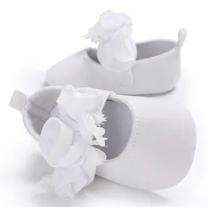 Detailaufnahme der hochwertigen weißen Baby-Prinzessinenschuhe mit Stoffblumendekor
