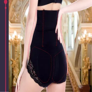 High waist seamless black shapewear panty with lace trim for tummy control and hip lifting