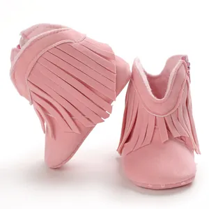 Soft pink baby girl boots featuring elegant tassel fringes for infants aged 0-1 year