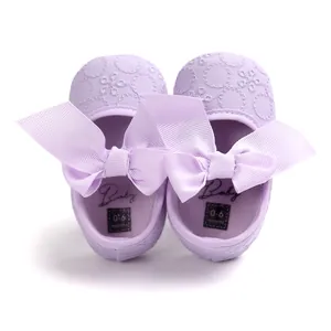 Lavender embroidered baby princess shoes with large bow for 0-6 months