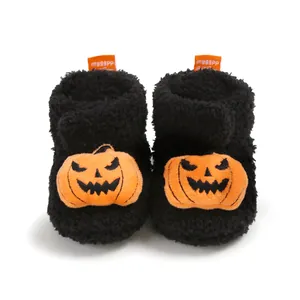 Χαριτωμένα βρεφικά παπούτσια κολοκύθα Halloween μαύρα βελούδινα μποτάκια αγκαλιάς