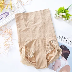 High waist seamless tummy control panties with lace trim for postpartum recovery.