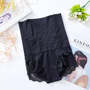 Elegant high-waist seamless tummy control panties with black lace trim for women