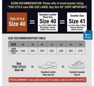 Detailed size conversion chart for men's leather shoes mapping sizes 38-44 to foot length