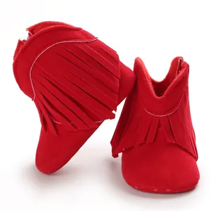 Red soft-sole baby boots with stylish fringe tassels for infants aged 0-1 years.