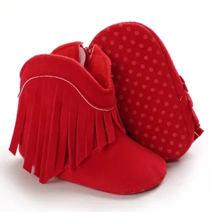 Red baby boots featuring fringe tassel detail and non-slip sole for infant girls shoes