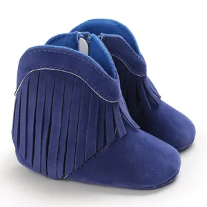 Soft suede royal blue baby boots with stylish fringe details for 0-1 year old infants
