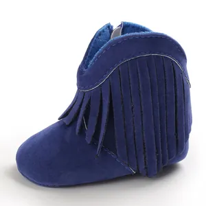Blue suede infant walking boots featuring stylish fringe details for baby girls
