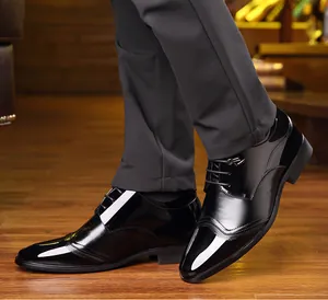 Polished black patent leather men's business dress shoes with 8cm hidden elevator height
