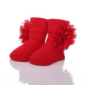 Neugeborene Säugling Baumwolle Socken Große Chiffon Blume Dekoration Weich Gestrickte Atmungsaktive Socken Für Baby Mädchen 0-12 Monate Taufe Geschenk