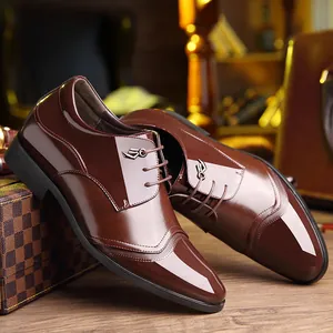 Lace-up brown polished leather men's business dress shoes with 8cm height increase