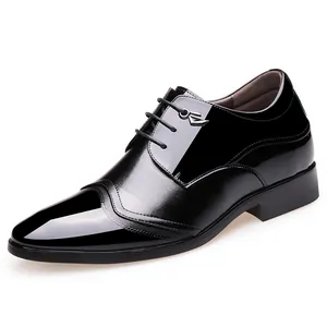 Men's formal black patent leather dress shoes with 8cm invisible inner heightening